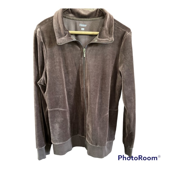 Vintage Hanes chocolate brown Velour Zip Jacket Top Size Large - Picture 5 of 9